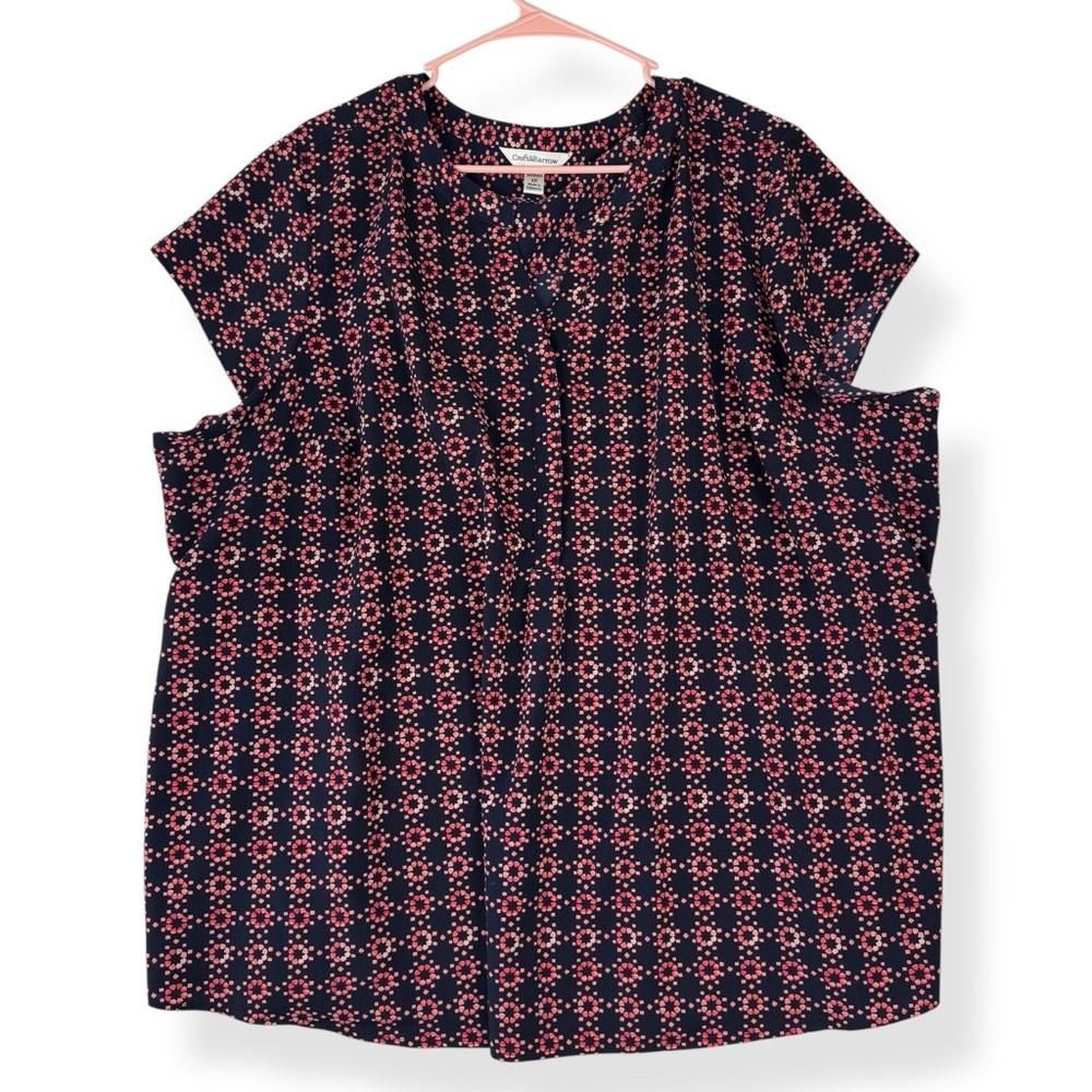 Croft & Barrow Cap Sleeve Blouse Womens Plus Size 3X Navy‎ Blue Pink V-Neck Top